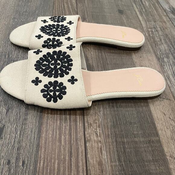 NWT J. Crew Cream & Black Floral Embroidered Slide Sandals Size 8 Summer Linen - Picture 3 of 7